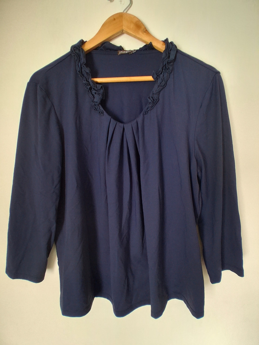 Women's Nautical Navy Blue Ruffled Scoop Neck Long Sleeve Top Blouse XL
